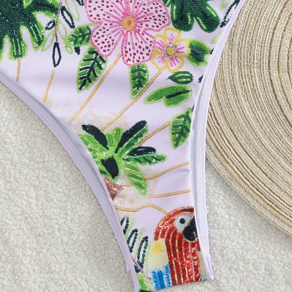 Green Cute Women's One-Piece Palm Tree Parrot Swimsuit - Picture 5 of 5